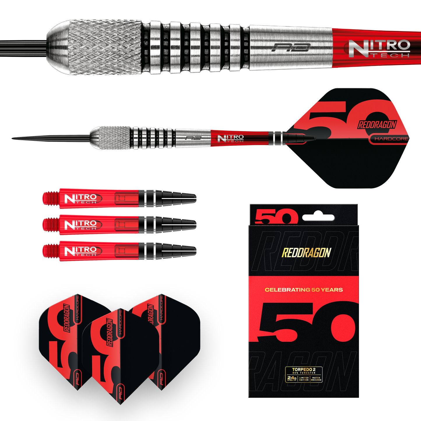 RED DRAGON 50TH ANNIVERSARY FLIGHTMASTER TORPEDO 2 24G 80% STEEL TIP DARTS