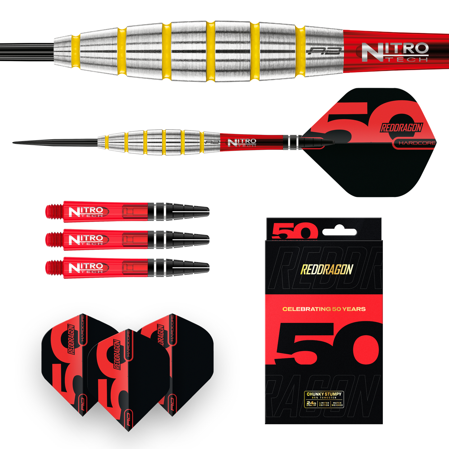 RED DRAGON 50TH ANNIVERSARY CHUNKY STUMPY 3 24G 85% STEEL TIP DARTS