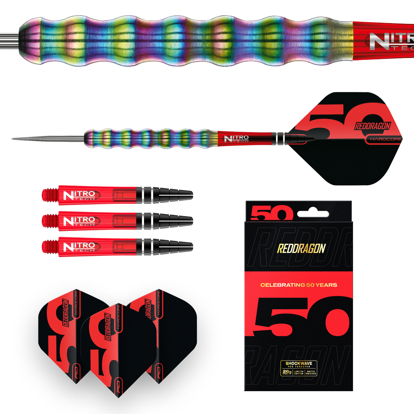 RED DRAGON 50TH ANNIVERSARY SHOCKWAVES 26G 90% STEEL TIP DARTS
