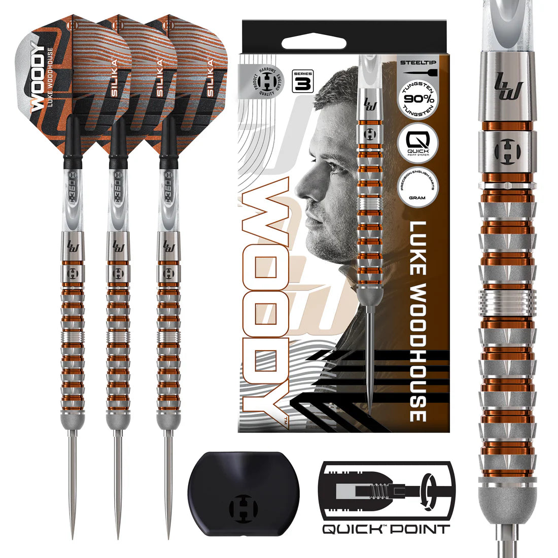 HARROWS LUKE WOODHOUSE 90% SERIES 3 QUICK POINT STEEL TIP DARTS