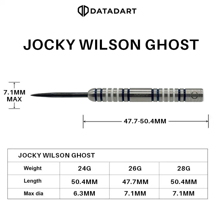 DATADART JOCKY WILSON GHOST GRIP 90% STEEL TIP DARTS DIMENSIONS