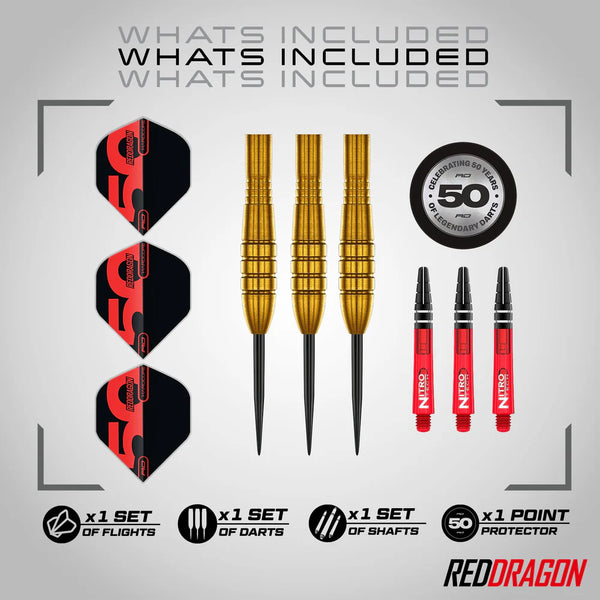 RED DRAGON 50TH ANNIVERSARY GOLDEN VIRGIN 5 95% STEEL TIP DARTS