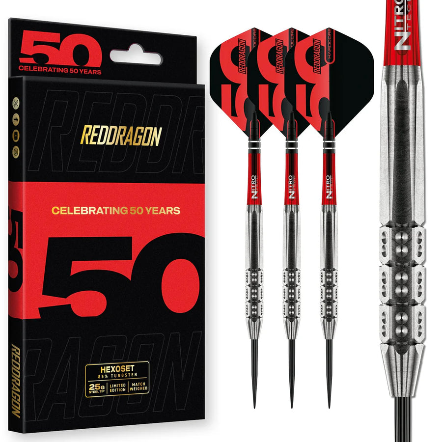RED DRAGON 50TH ANNIVERSARY HEXOSET 3 85% STEEL TIP DARTS