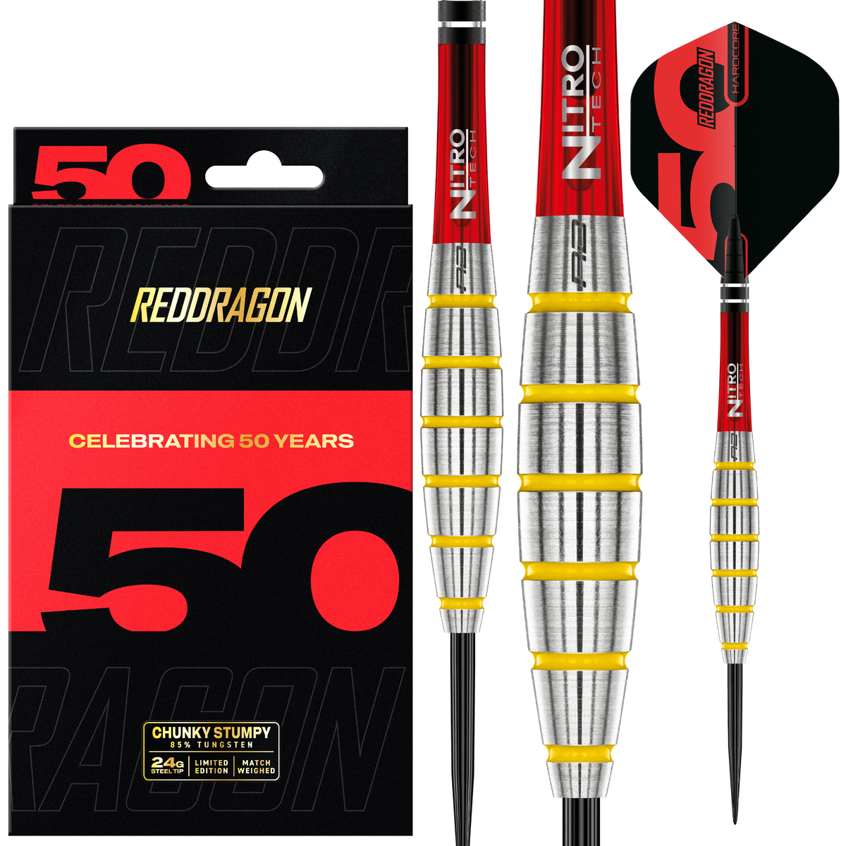 RED DRAGON 50TH ANNIVERSARY CHUNKY STUMPY 3 24G 85% STEEL TIP DARTS