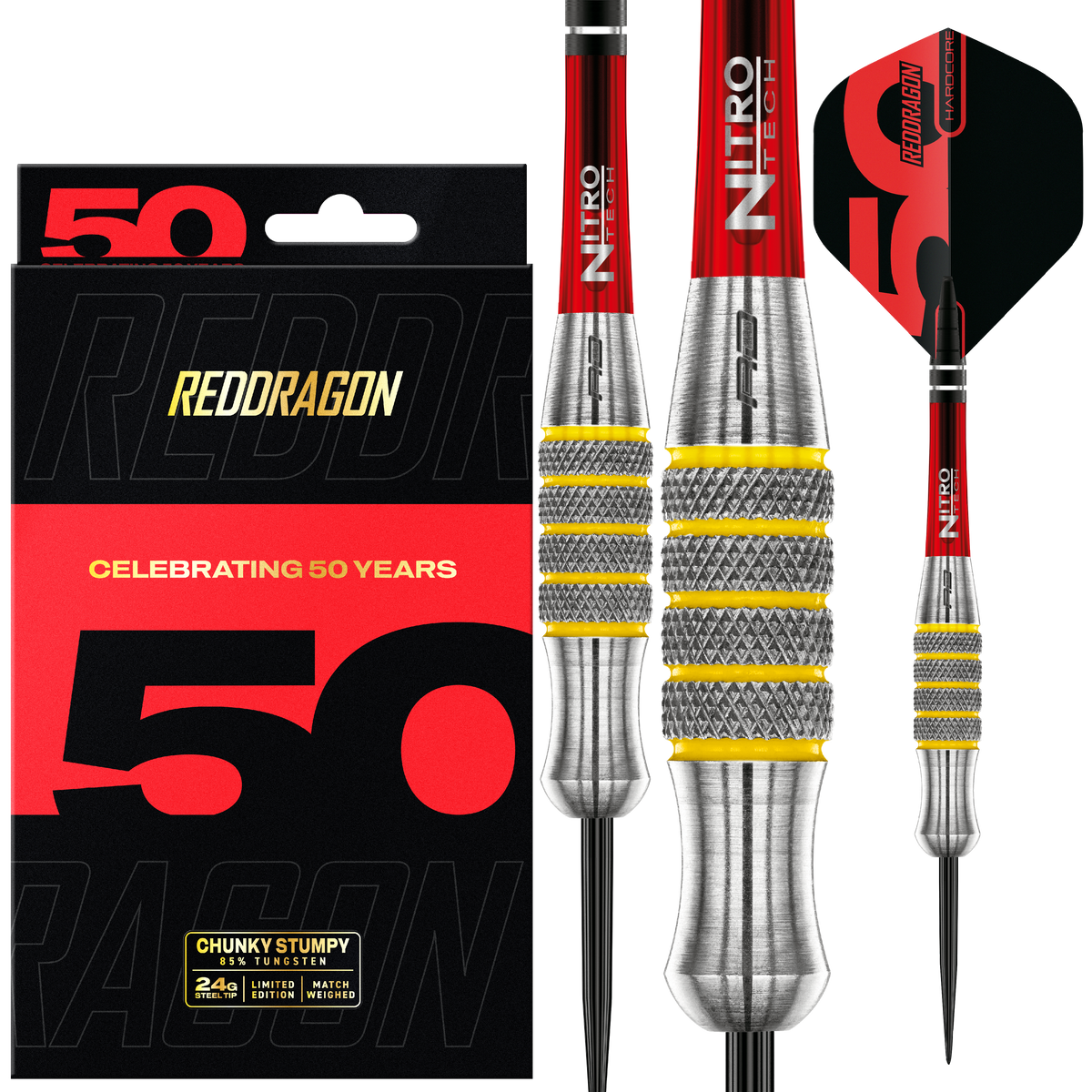 RED DRAGON 50TH ANNIVERSARY CHUNKY STUMPY 7 28G 85% STEEL TIP DARTS