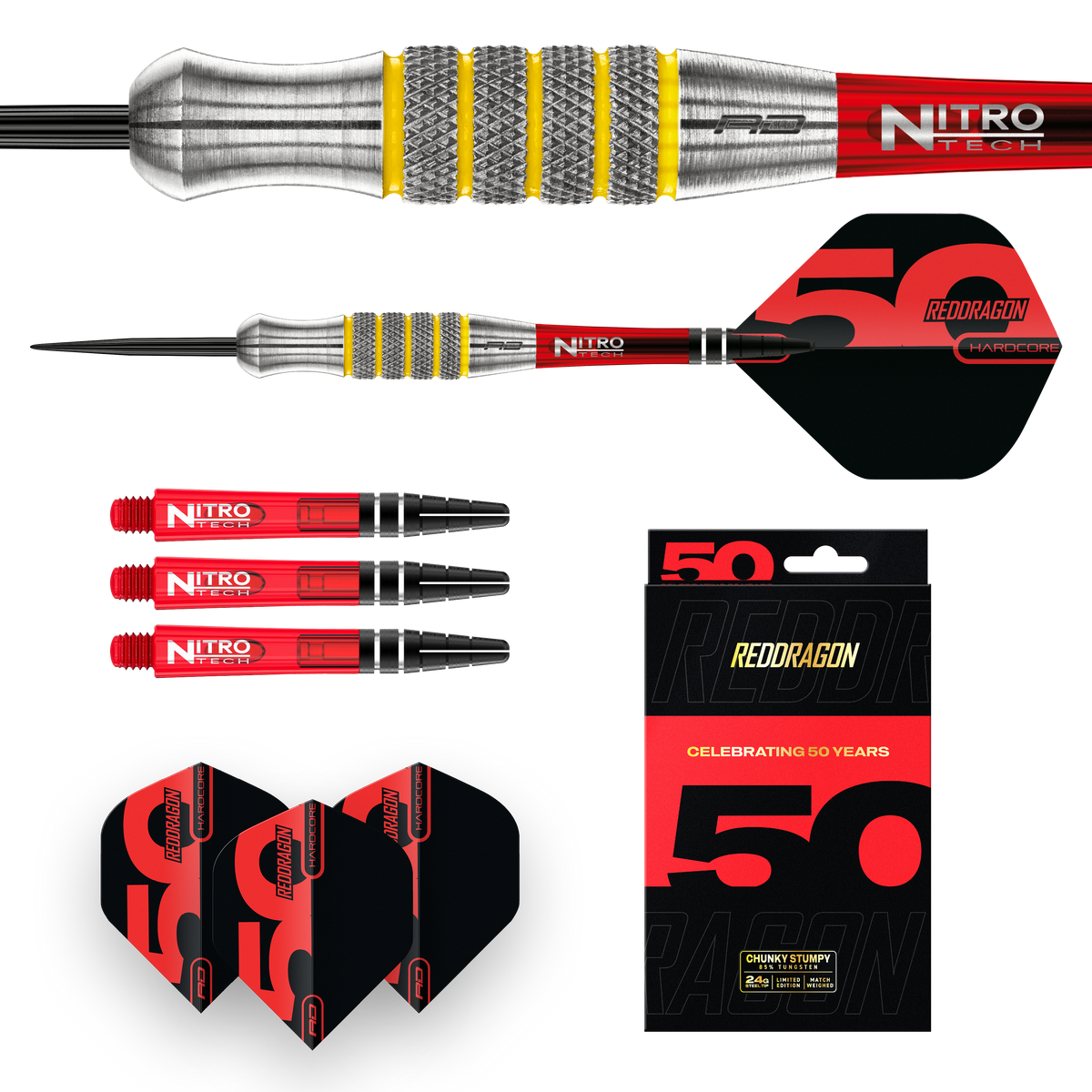 RED DRAGON 50TH ANNIVERSARY CHUNKY STUMPY 7 28G 85% STEEL TIP DARTS CONTENTS