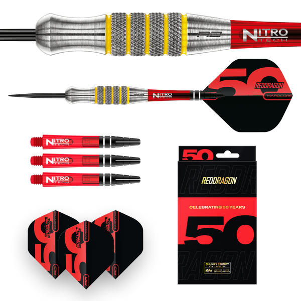RED DRAGON 50TH ANNIVERSARY CHUNKY STUMPY 7 28G 85% STEEL TIP DARTS CONTENTS