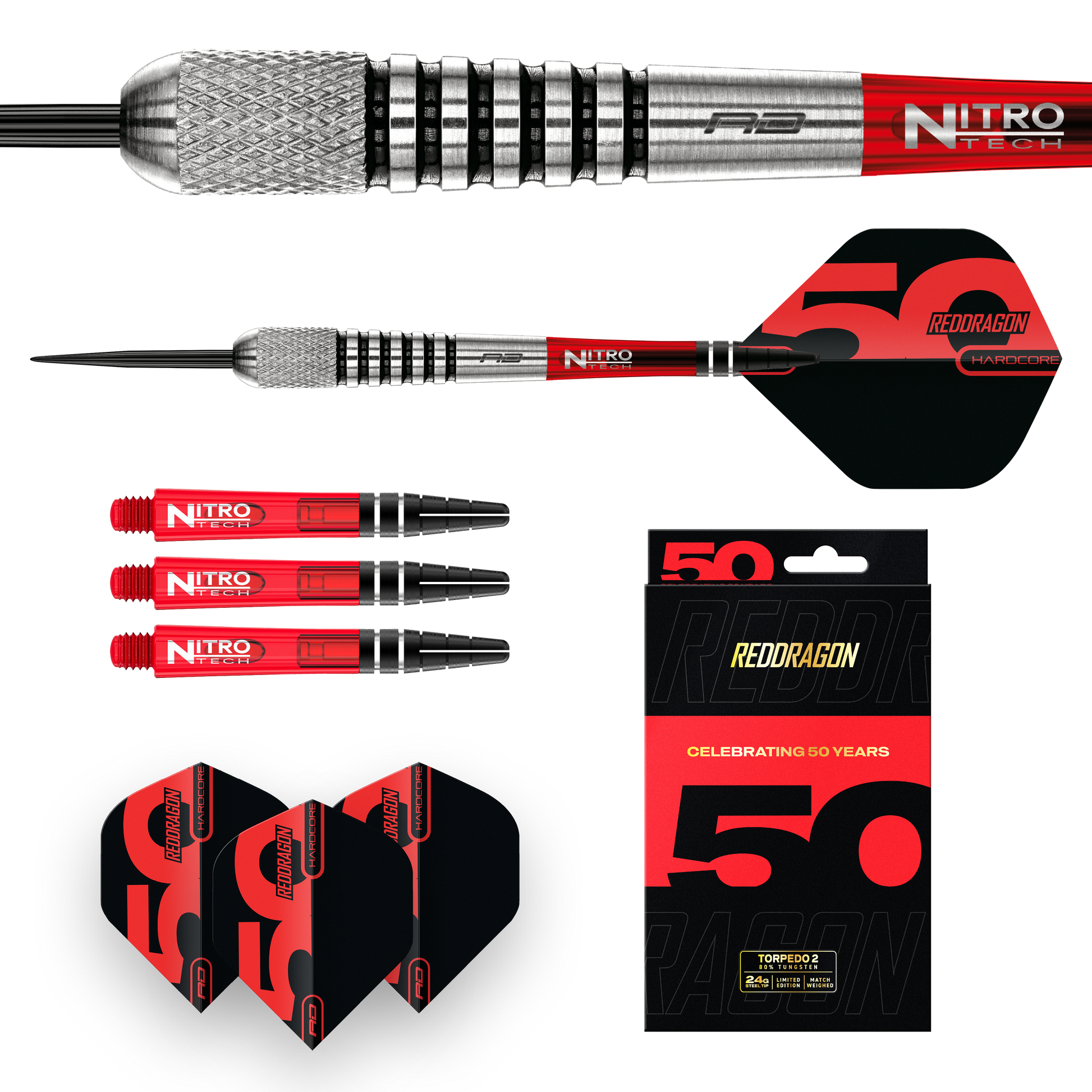 RED DRAGON 50TH ANNIVERSARY FLIGHTMASTER TORPEDO 2 24G 80% STEEL TIP DARTS CONTENTS