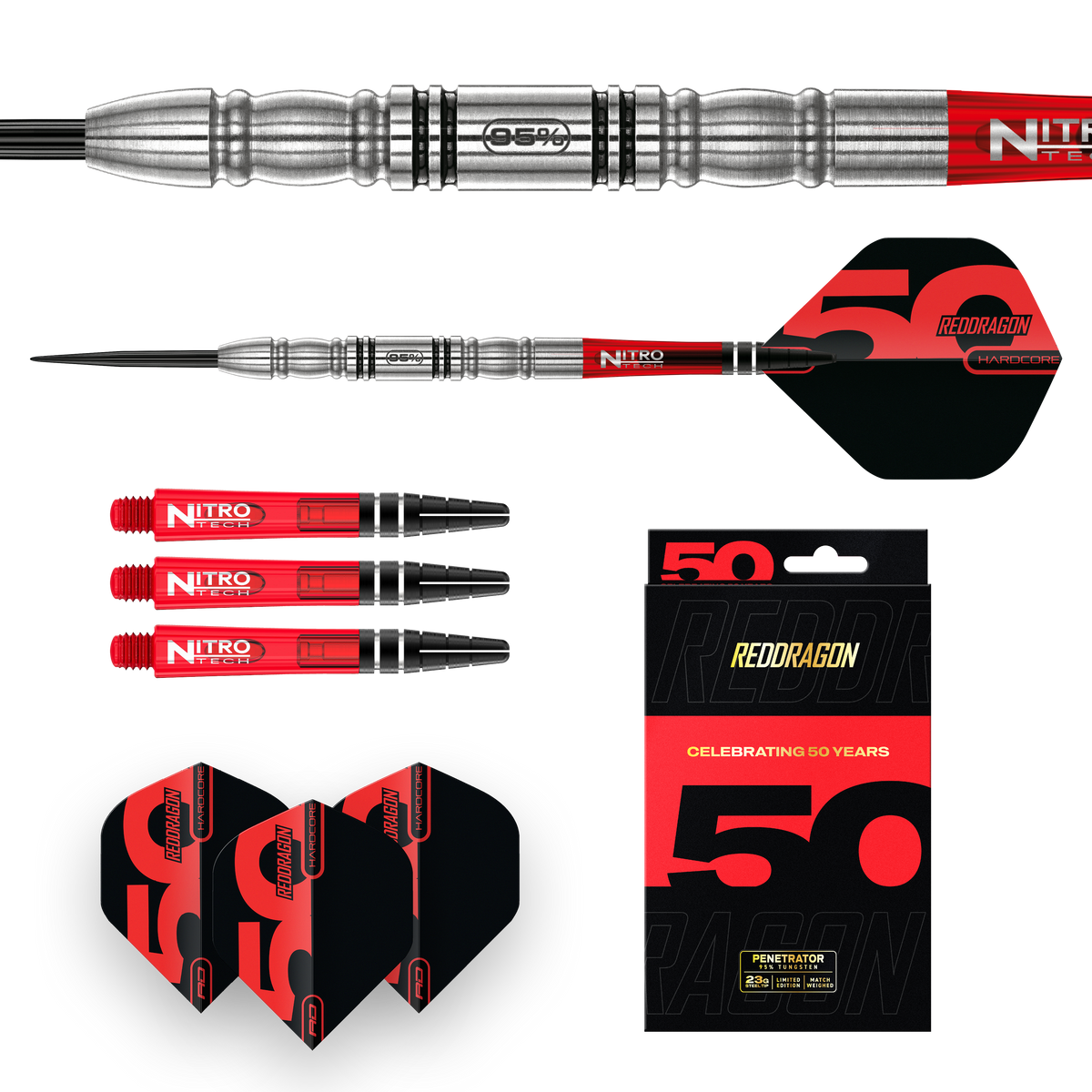 RED DRAGON 50TH ANNIVERSARY PENETRATOR 4 23G 95% STEEL TIP DARTS CONTENTS