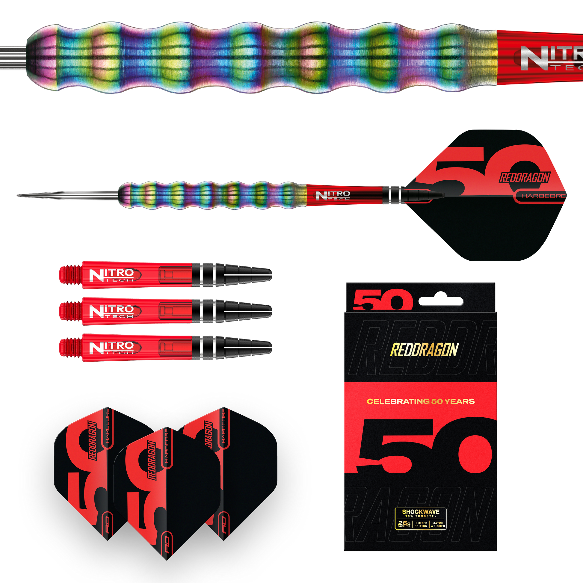 RED DRAGON 50TH ANNIVERSARY SHOCKWAVES 26G 90% STEEL TIP DARTS CONTENTS