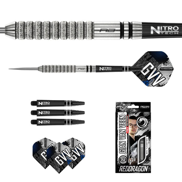 RED DRAGON GIAN VAN VEEN TOUR EDITION 22G 90% STEEL TIP DARTS CONTENTS