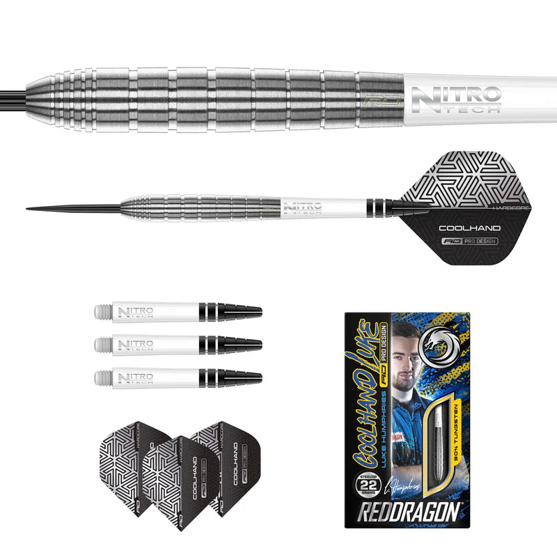 RED DRAGON LUKE HUMPHRIES TX1 PIONEER 90% STEEL TIP DARTS CONTENTS