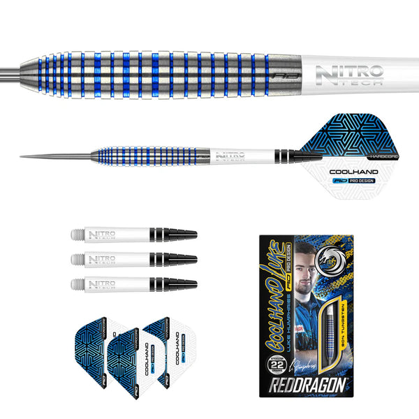RED DRAGON LUKE HUMPHRIES TX3 COOL BLUE S.E. 90% STEEL TIP DARTS CONTENTS