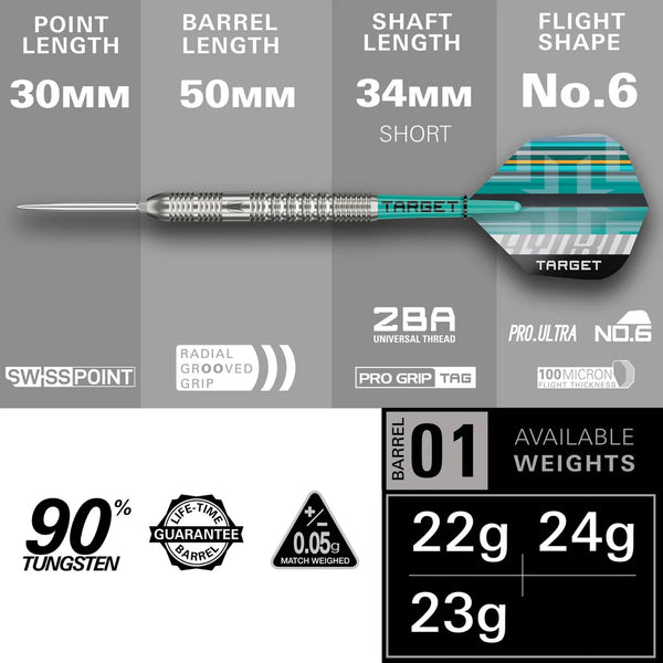 TARGET DARTS HYDRO 01 90% SP STEEL TIP DARTS SPEC