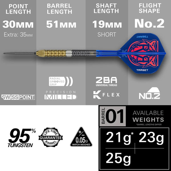 TARGET DARTS RAYMOND VAN BARNEVELD GEN 6 SP 95% STEEL TIP DARTS SPEC