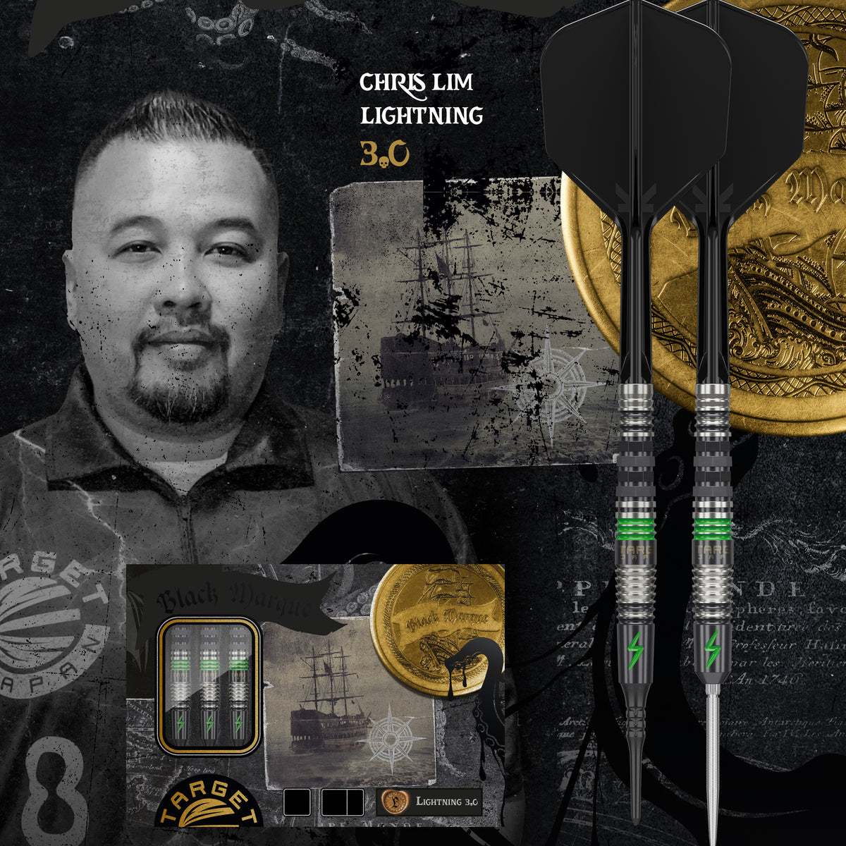 TARGET JAPAN BLACK MARQUE LIGHTNING 3.0 SP 90% STEEL TIP DARTS 4