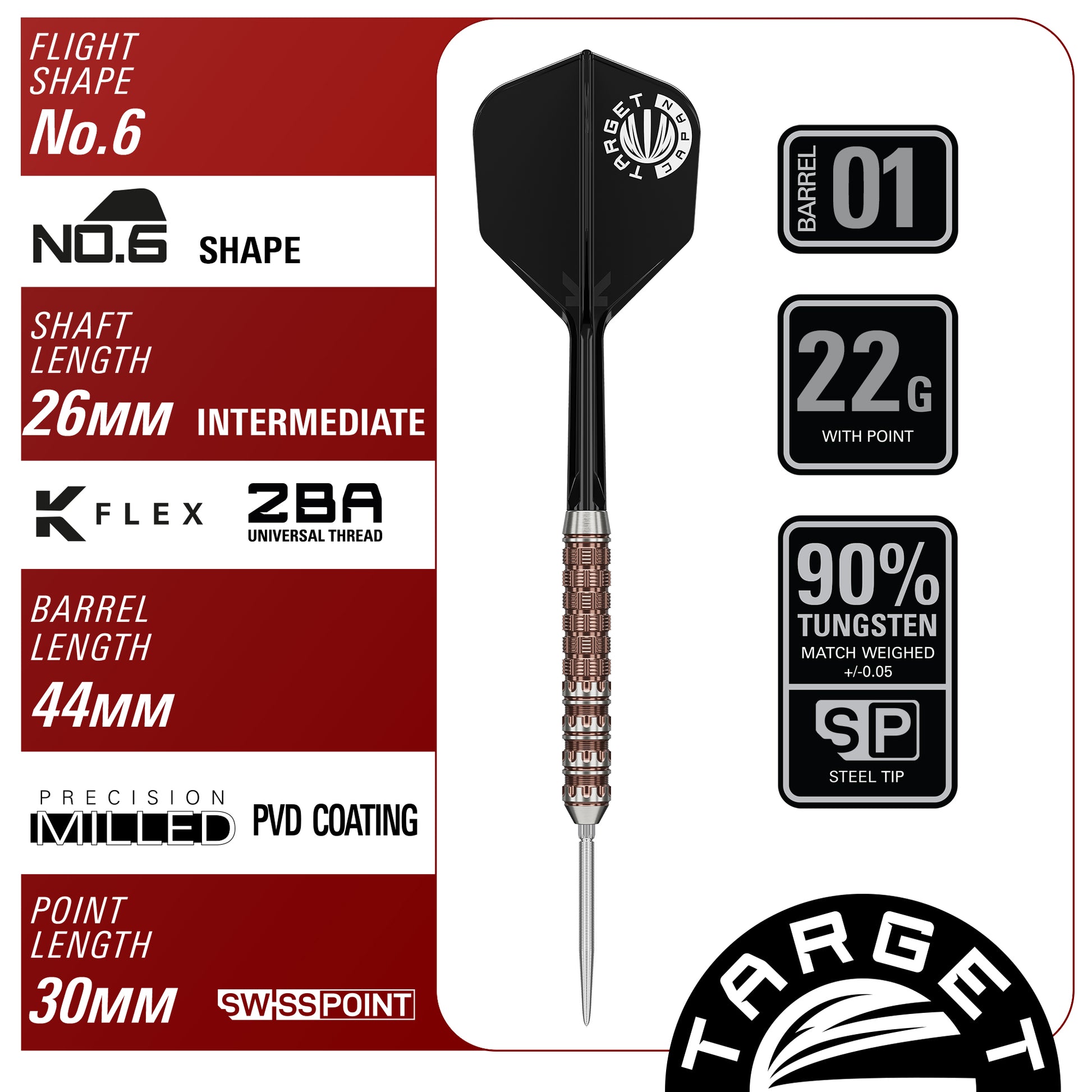 TARGET JAPAN GEORGE NISHITANI RAPTOR G6 90% 22 GRAM SP STEEL TIP DARTS SPEC