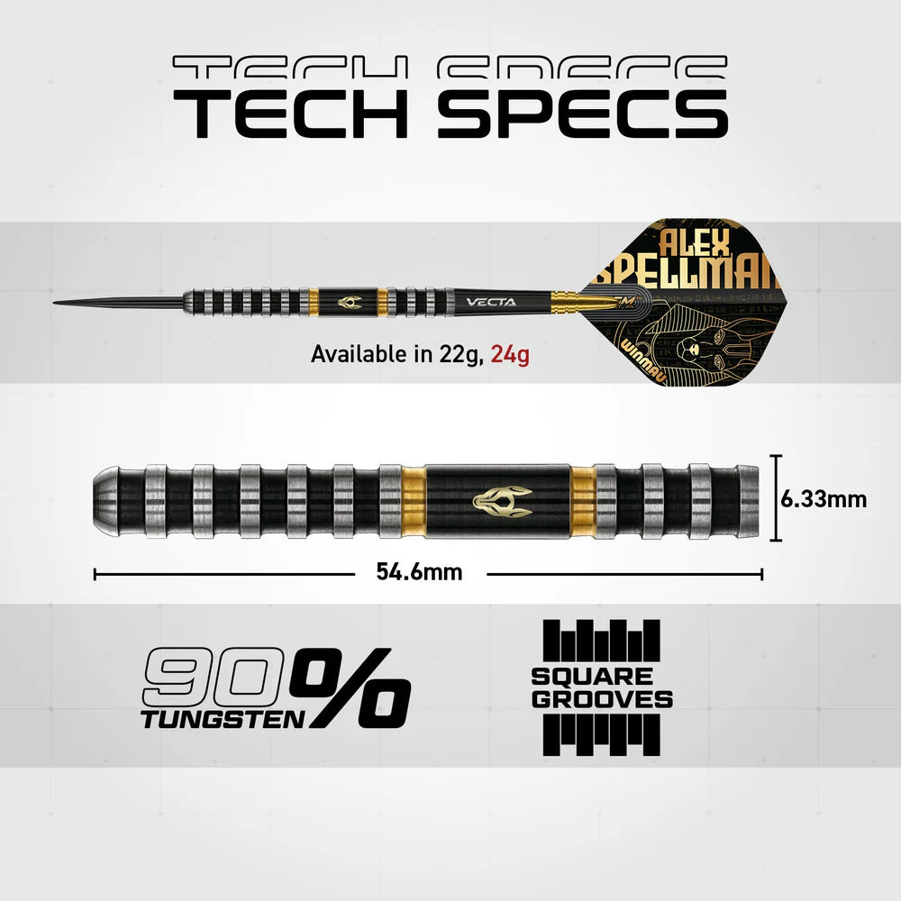 WINMAU ALEX SPELLMAN SIGNATURE SERIES 1 90% STEEL TIPS DARTS 24 GRAM TECH SPECS