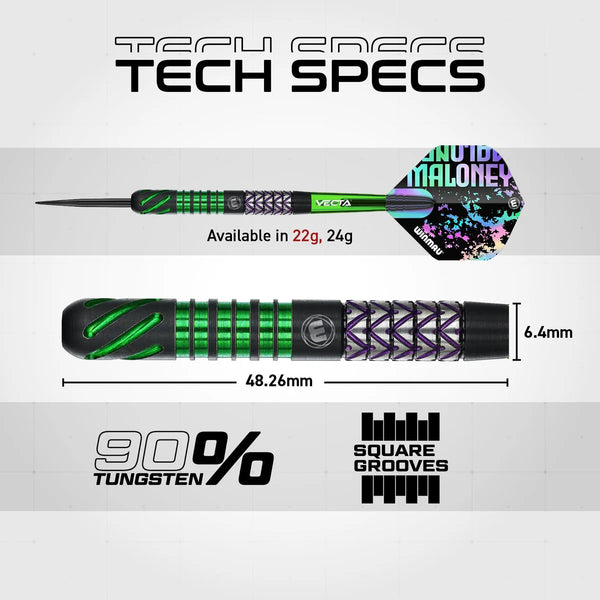 WINMAU MIKE MALONEY SIGNATURE SERIES 1 90% STEEL TIP DARTS 22 GRAM TECH SPECS